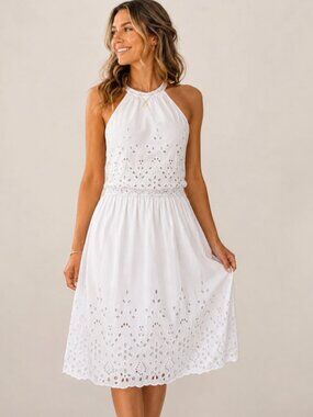 NWT Sim & Sam White Eyelet Halter Midi Sundress Lined - M